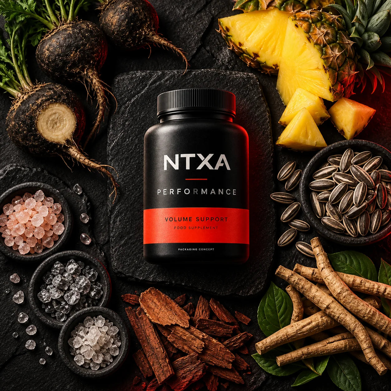 NTXA Performance bottle surrounded by ingredient cues