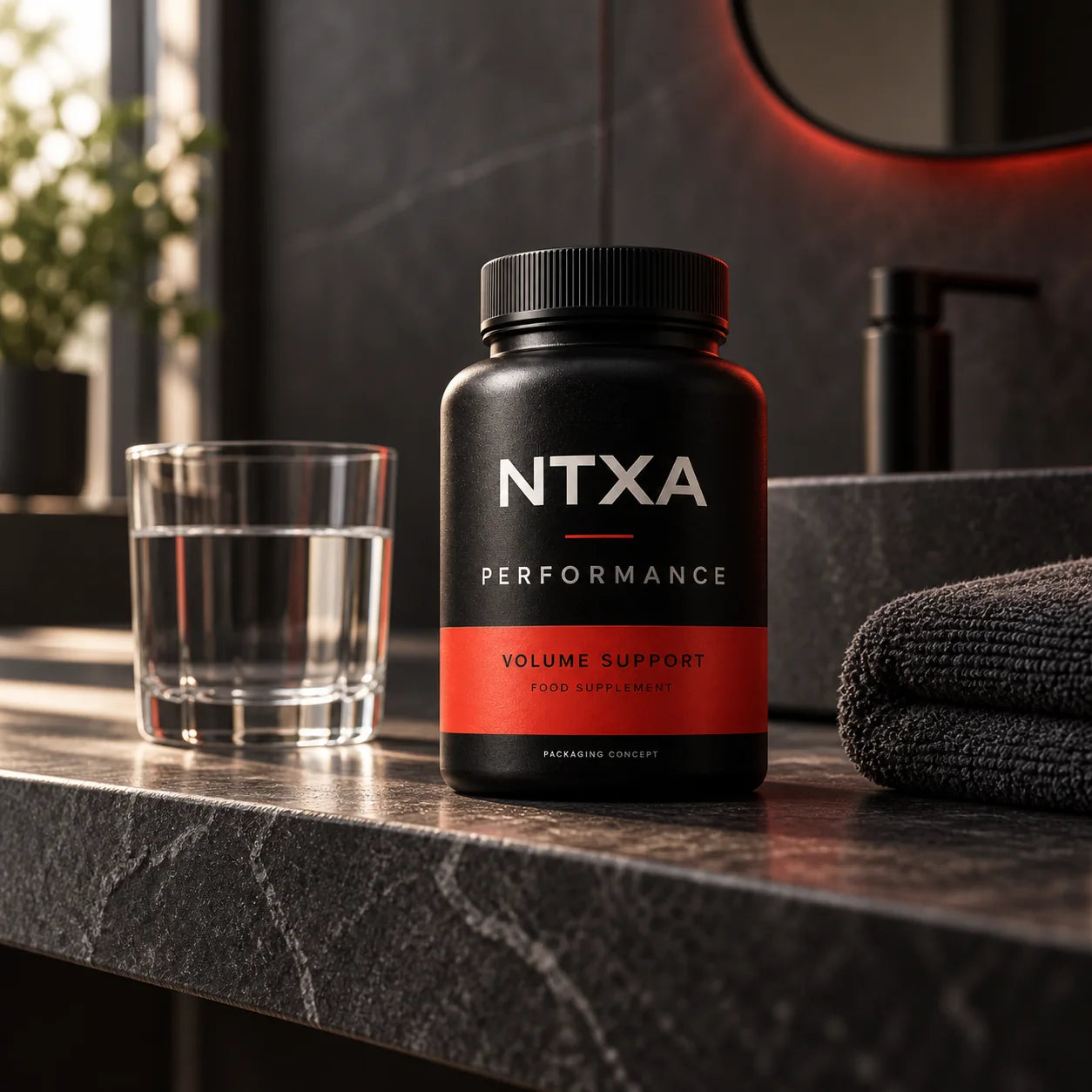 NTXA Performance bottle on a bathroom shelf