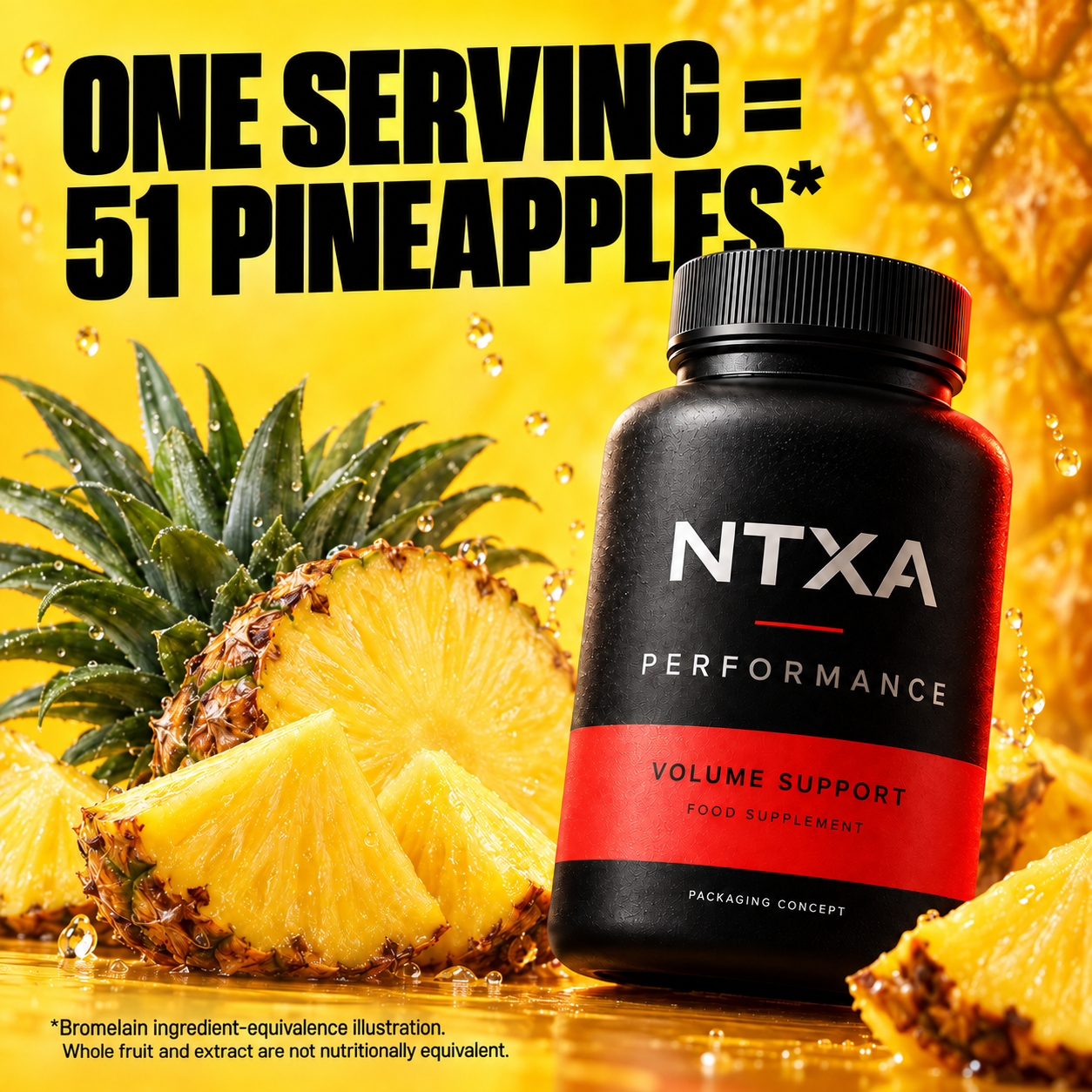 NTXA Performance bottle beside pineapples with a serving comparison